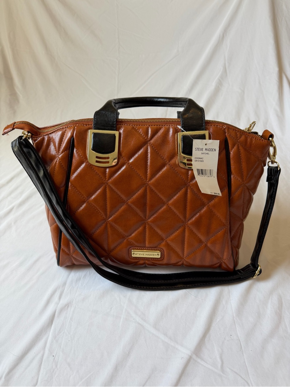 Steve Madden Cognac Quilted Satchel with Black Trim